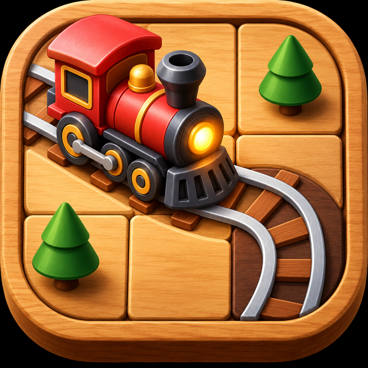 A red toy train following a curved track across wooden tiles